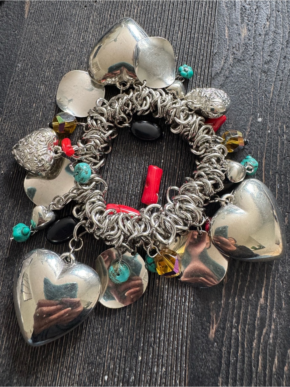 Silver Heart Charm Bracelet with Turquoise & Red Accents